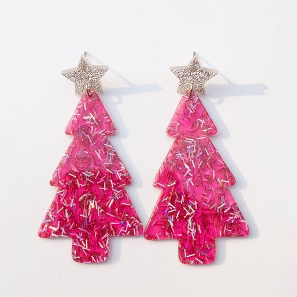 Clear Lucite glitter vintage inspired Christmas tree earrings - Picture 3 of 6